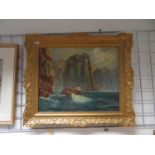 Maritime oil painting of cliffs 20" x 15" gilded frame - picture repaired to centre