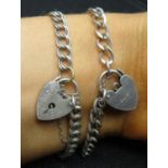 2x silver bracelets with padlock and safety chain 15grams