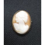 Pretty silver gilt shell cameo brooch profile of lady weight 6.8g stamped silver