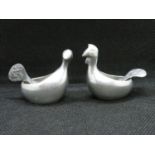 Finnish pewter salts in shape of birds with spoons as tails