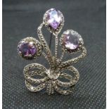 Vintage silver brooch set with marquisite and amethysts HM Birmingham 1966 12grams