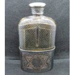 Silver HM hip flask with glass interior and tooled leather cover