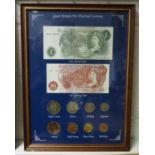 Pre-decimal currency framed set of coins and banknotes