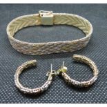 Tricolour woven silver bracelet with matching earrings 35grams