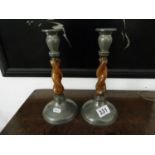 2 pewter and wood hammered candlesticks