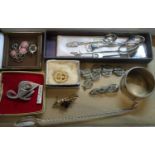 Large box of silver and marquisite jewellery, silver spoons and silver serviette ring