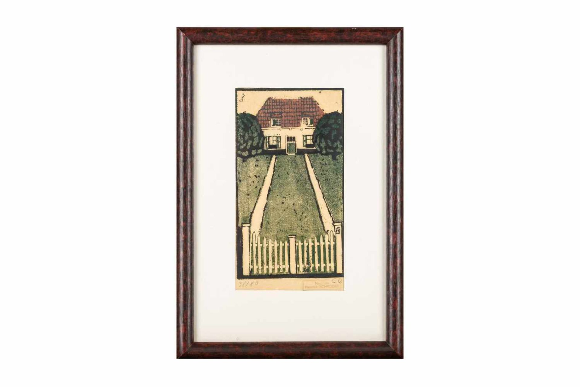Heinrich Schröder, "Haus mit rotem Ziegeldach im Garten"Farbholzschnitt mit Passspartout, Maße: 35,0