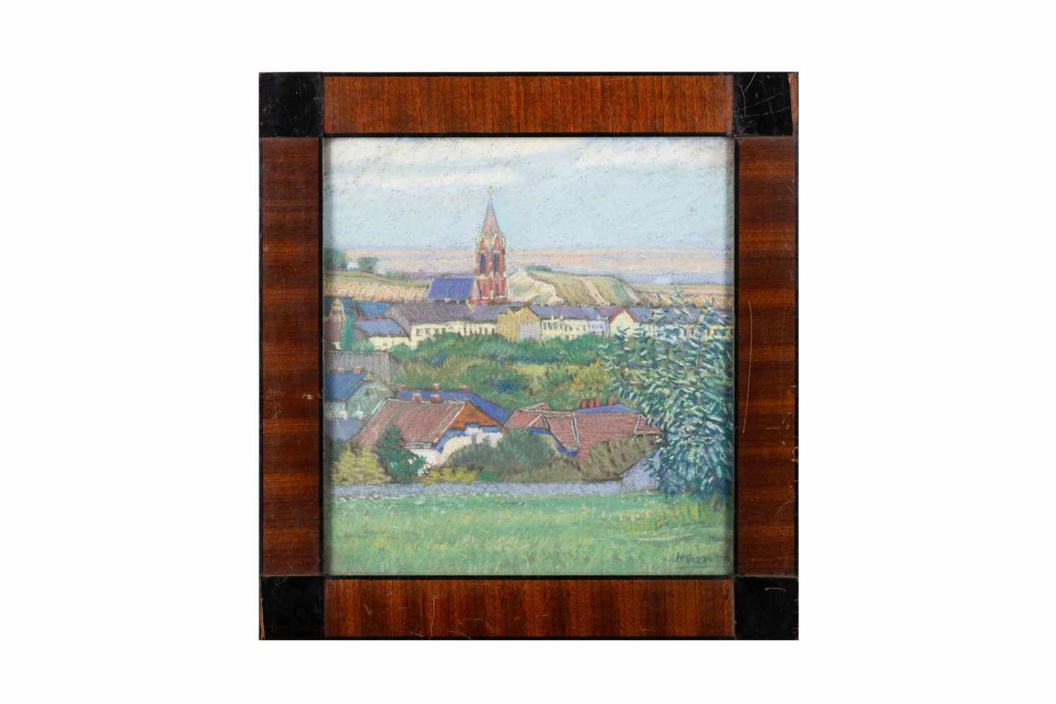 "Blick auf die Döblinger Kirche"Undeutlich signiert, Pastell auf Papier, Wien um 1900, "Blick auf