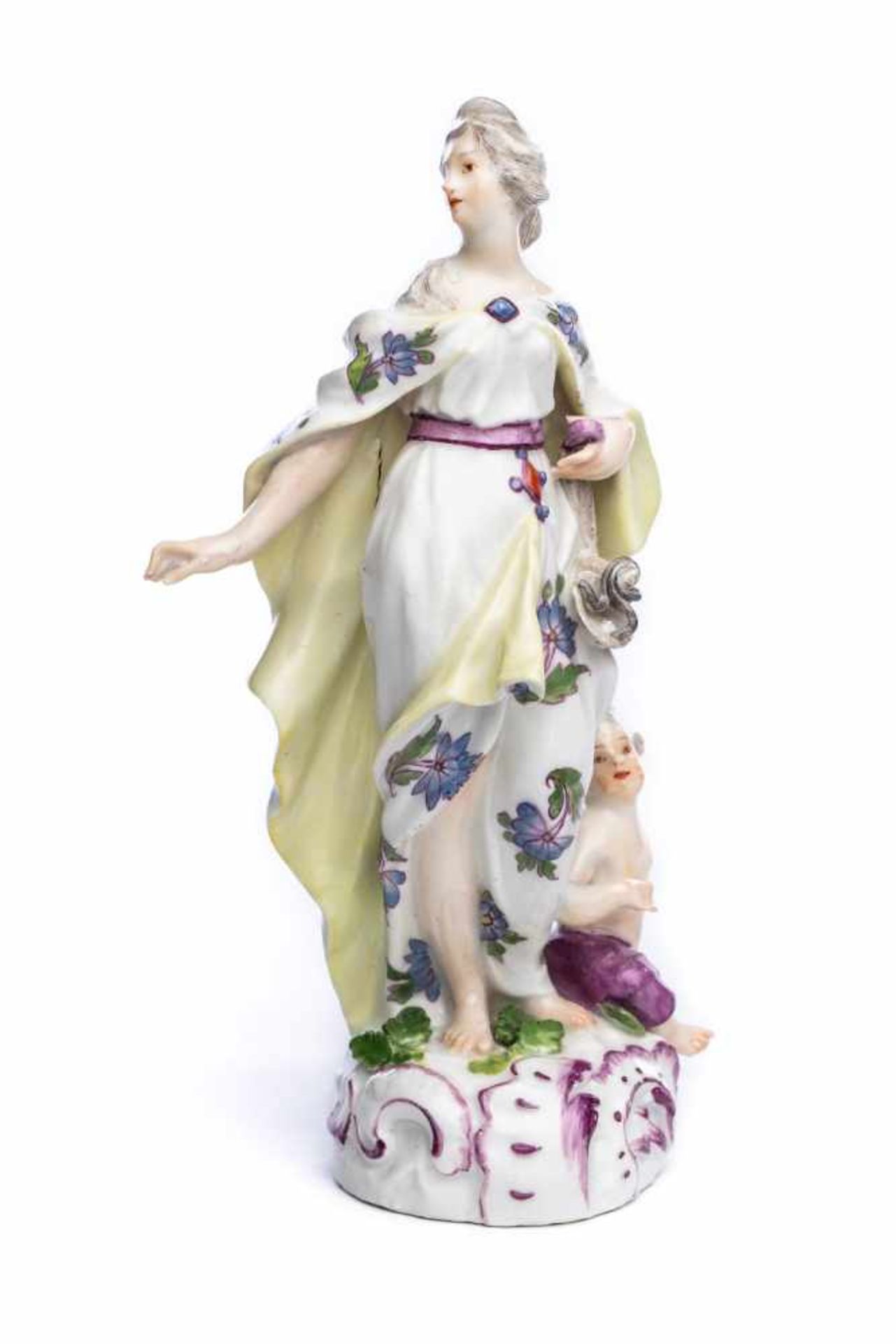 Weibliche Porzellanfigur, Meissen 1752Weibliche Porzellanfigur, Meissen 1752, Junge Frau auf einem