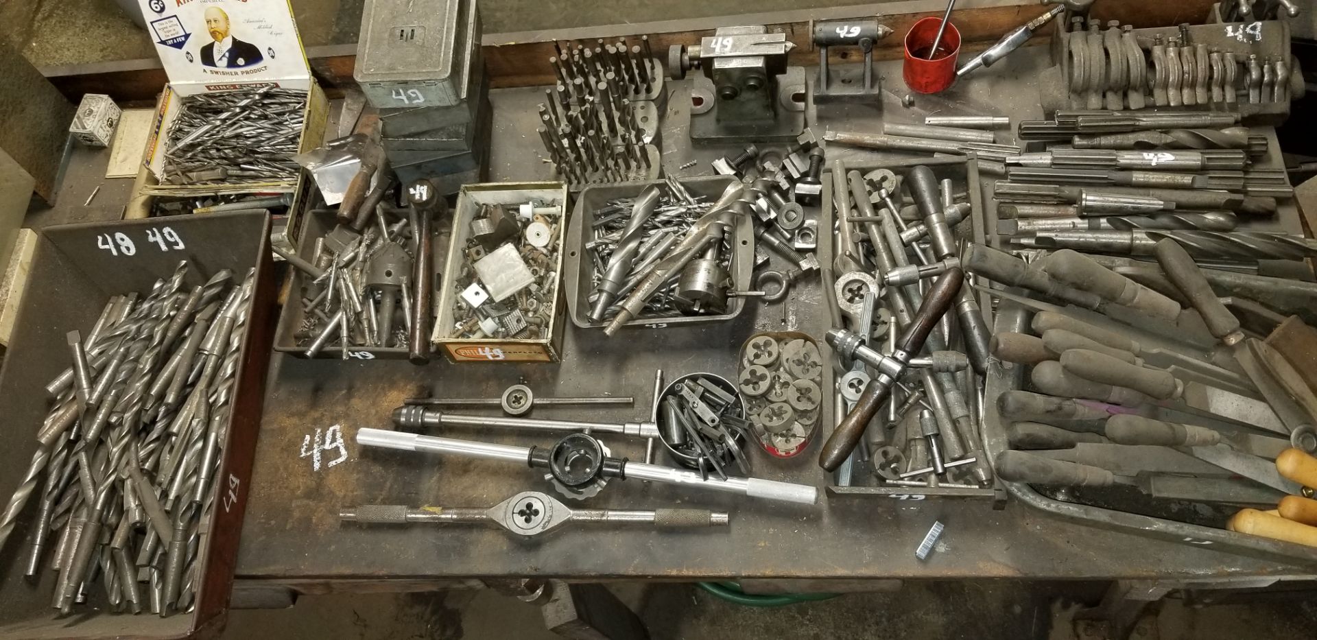 Impressive Group Lot of Assorted Hardware, Bits, Vice with Work Table