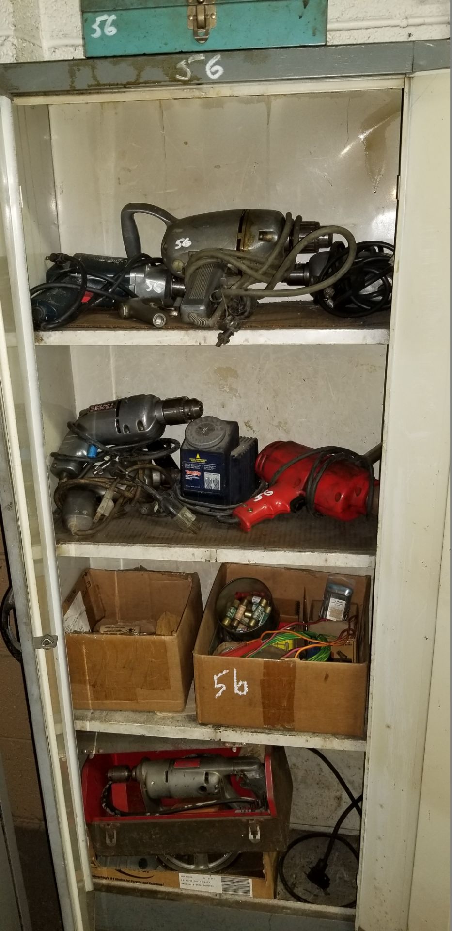 Assortment of Air Impact Tools with Metal Shop Cabinet