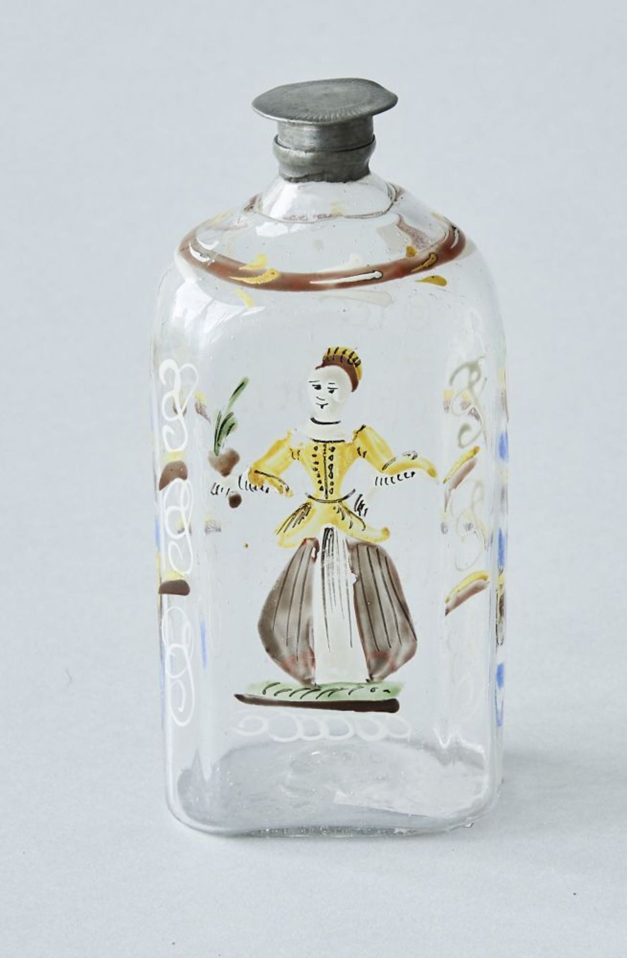 SchnapsflascheGlas Schnapsflasche mit Abriss, süddeutsch wohl 18. Jhdt., mit Bemalung und