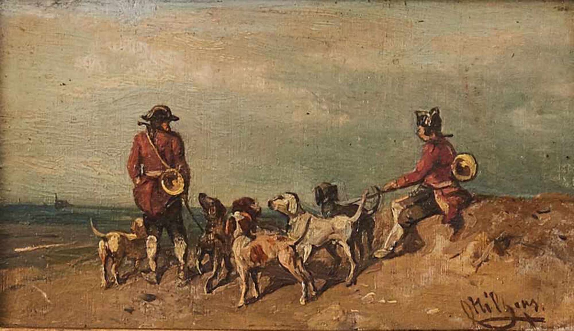 Hunde am StrandCarl Hilgers, (1818 - 1890)Rechts unten signiert, Öl auf Holz gerahmt. 6,5 x 11 cm