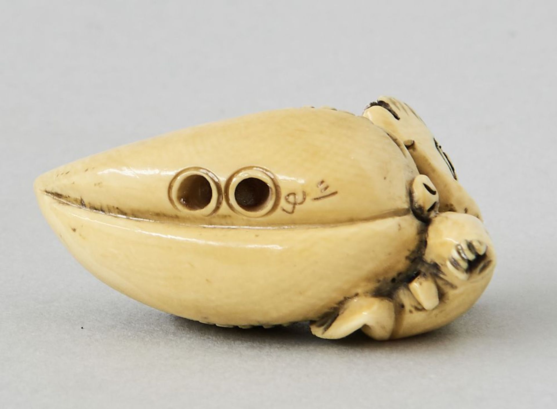 Netsuke, Japan 18./19. Jhdt.Geschnitzte Netsuke, signiert, Japan 18./19. Jhdt. Höhe 2,5 cm Länge 5 - Bild 2 aus 2