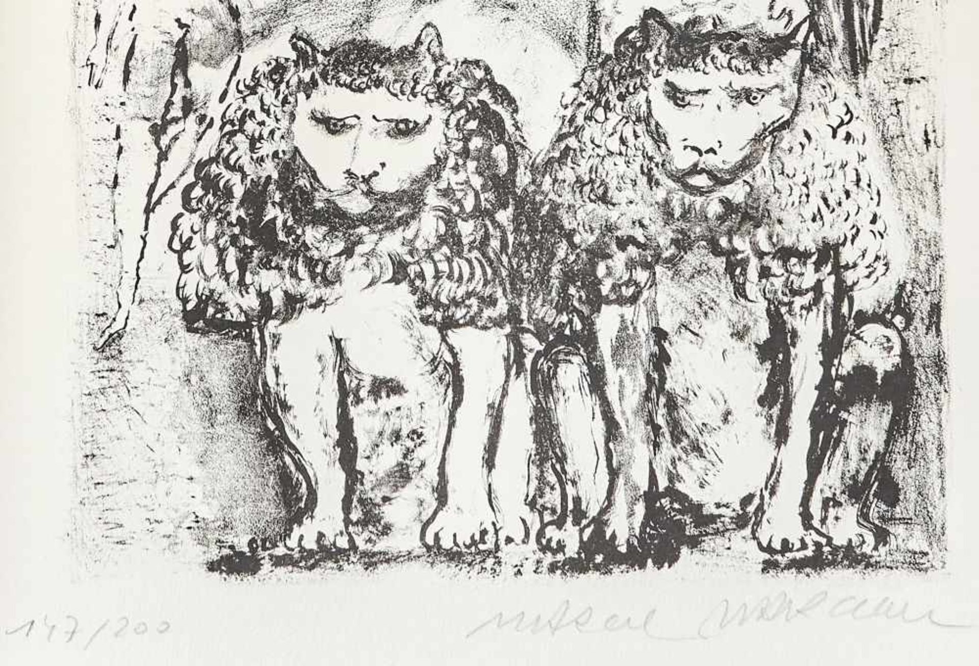 Bip mit Engel und LöwenMarcel Marceau, (1923-2007)Unten signiert und nummeriert "147/200 Marcel - Image 2 of 3