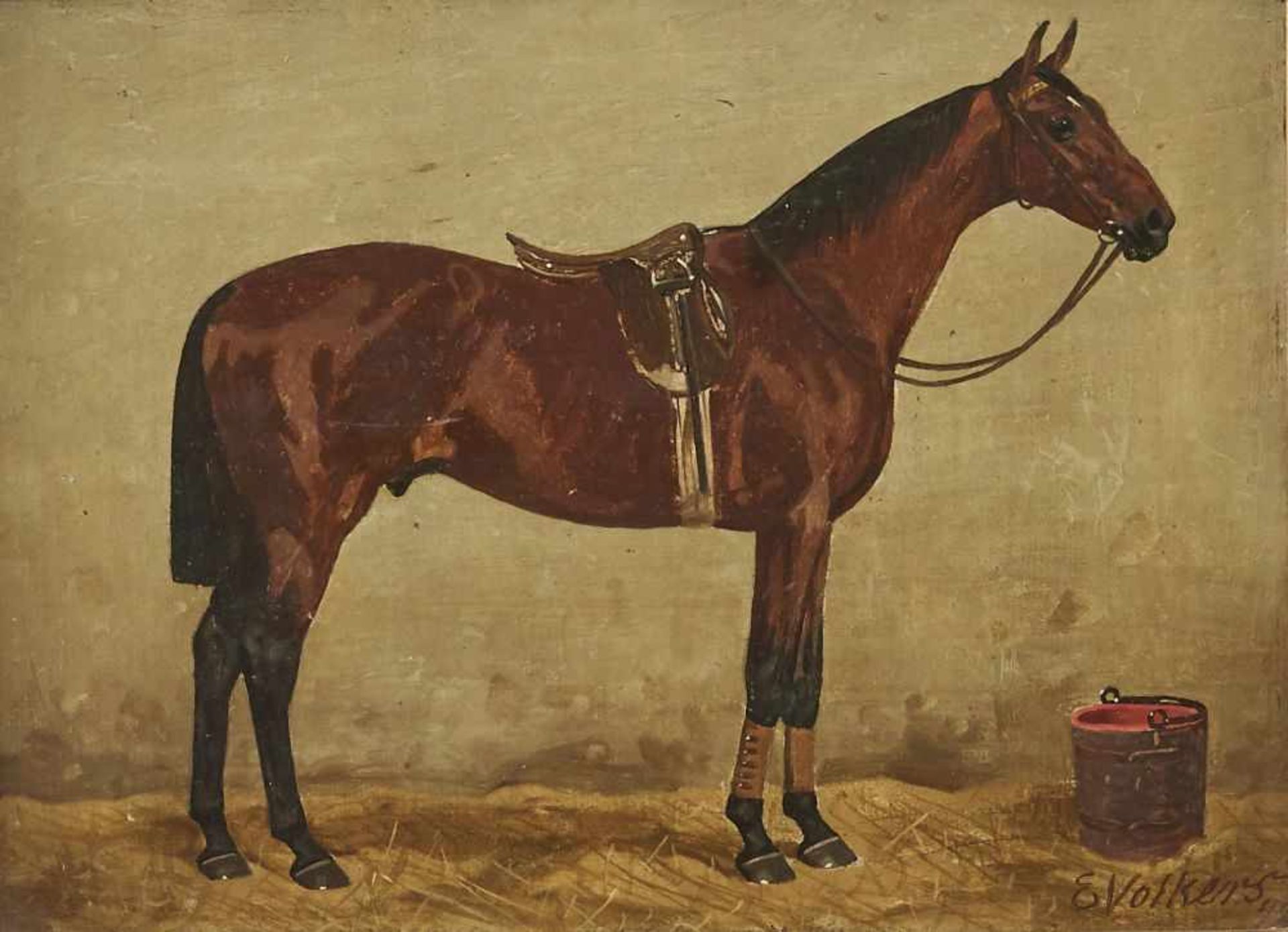 Gesatteltes Pferd im StallEmil Volkers, (1831-1905)Rechts unten signiert "E. Volkers" und datiert,