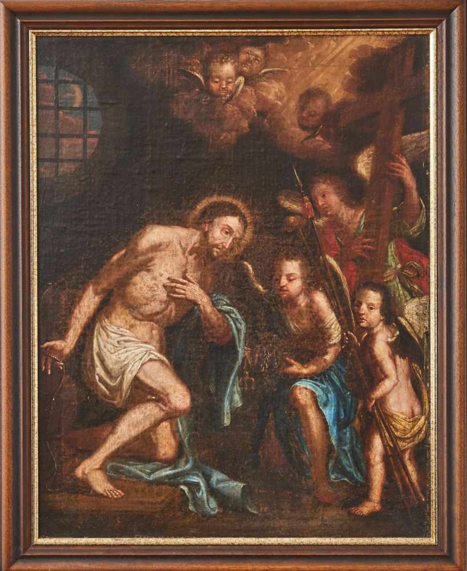 Christus mit Engeln18. Jhdt, Öl auf Leinwand, auf Holz aufgezogen, doubliert, gerahmt. 81 x 63 cm- - - Bild 2 aus 2