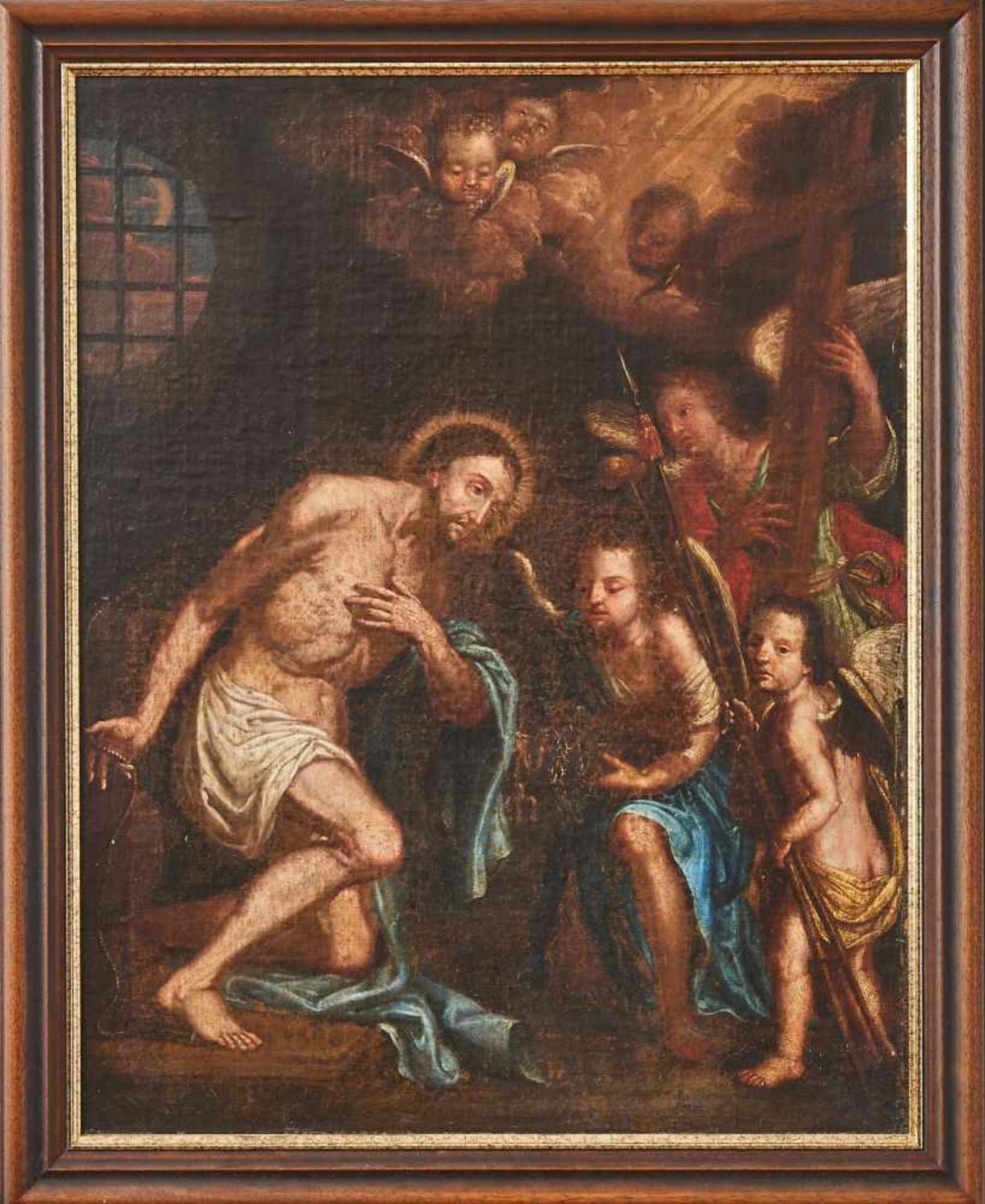 Christus mit Engeln18. Jhdt, Öl auf Leinwand, auf Holz aufgezogen, doubliert, gerahmt. 81 x 63 cm- - - Image 2 of 2