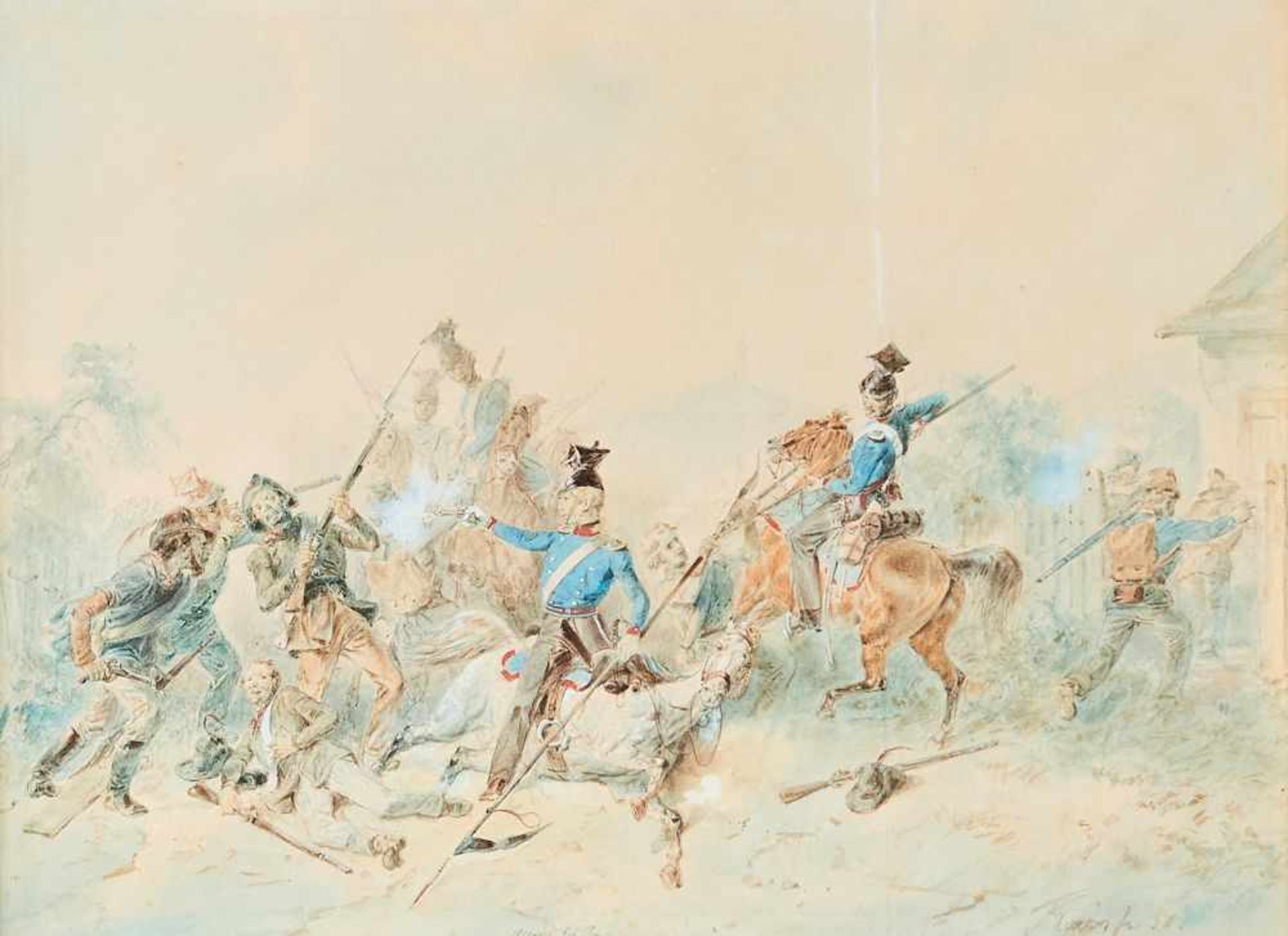 Schlacht bei DurlachFriederich Kaiser, (1815-1890)Links unten signiert "Kaiser fec. 50" sowie mittig