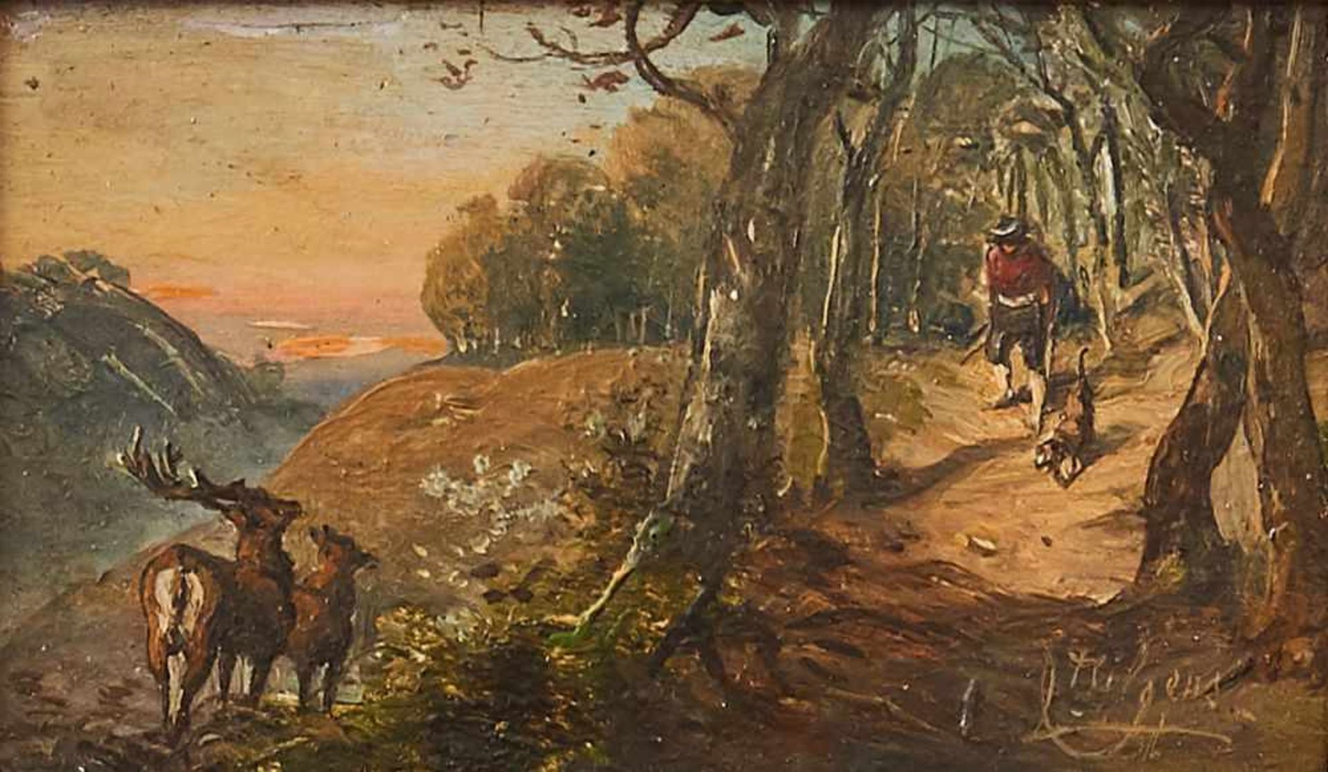 Jäger mit HundCarl Hilgers, (1818 - 1890)Rechts unten signiert, Öl auf Holz, gerahmt. 6,3 x 10,5 cm