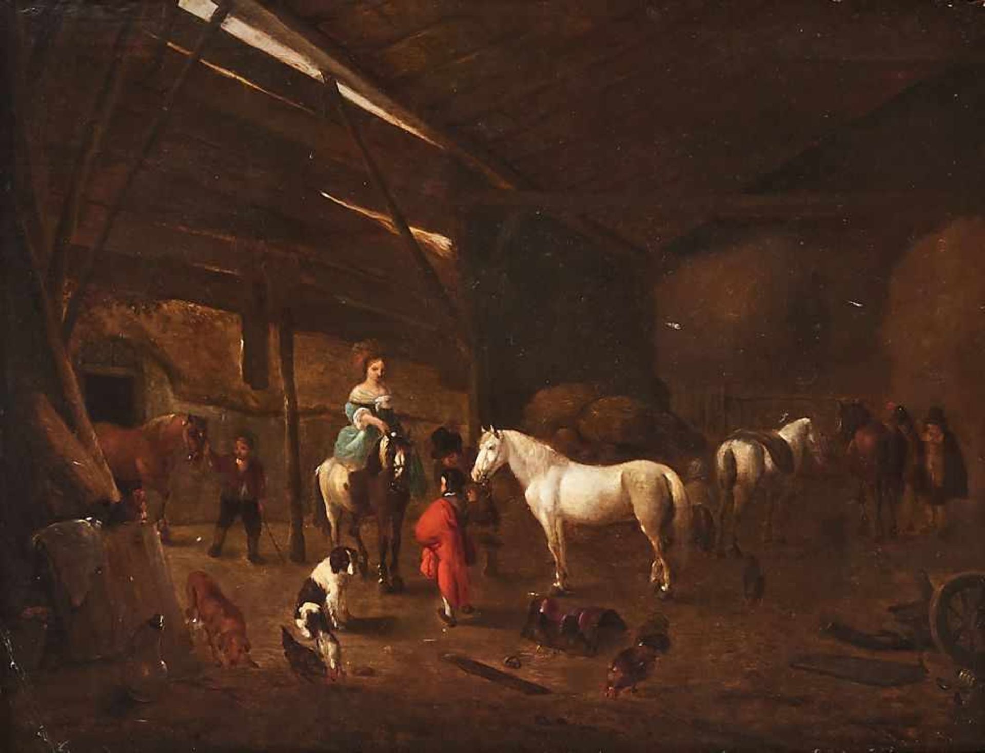Im Stall mit Kindern und HundJacobus Koolen, (-1666)Links unten signiert "J.Colen", Öl auf Holz,