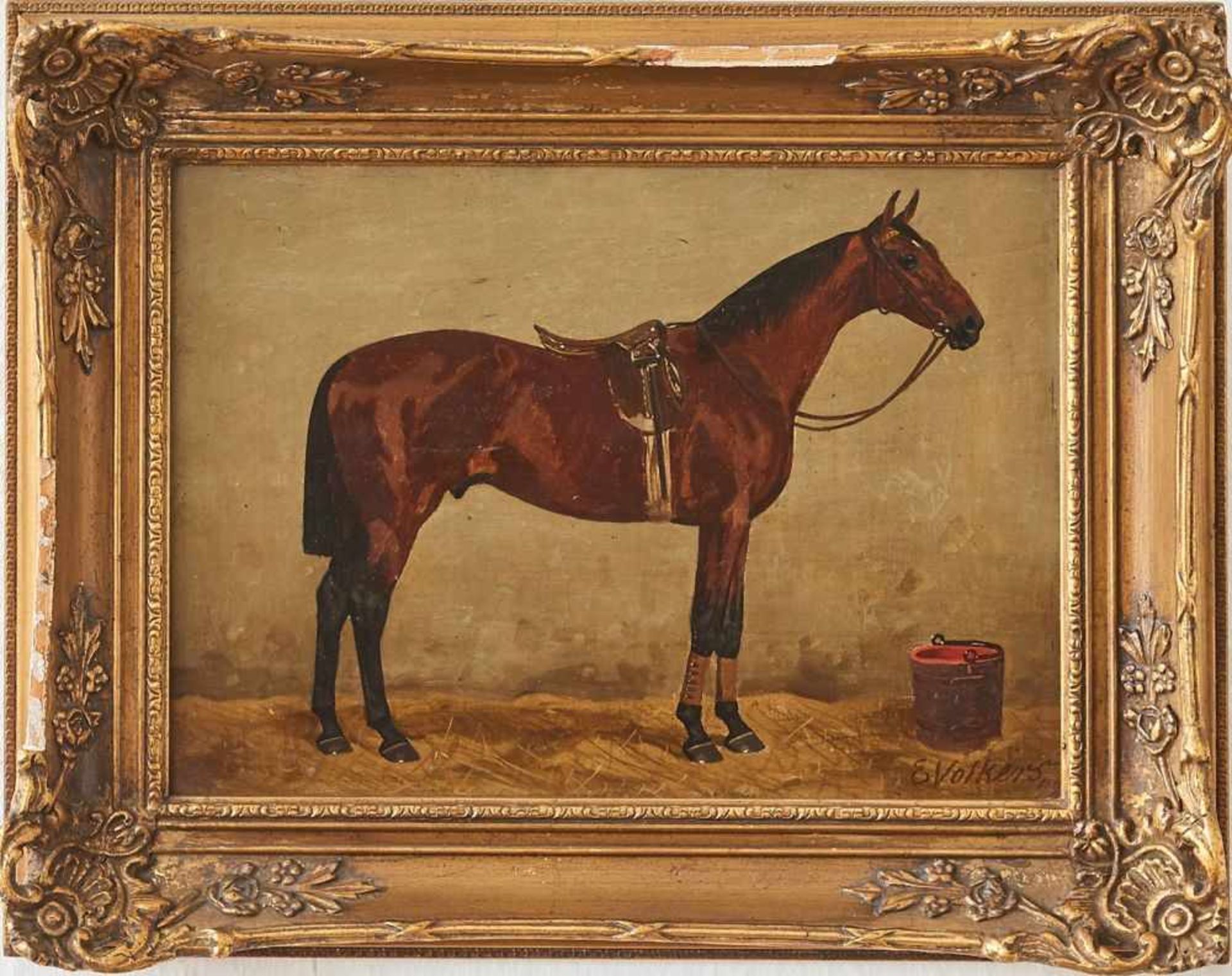 Gesatteltes Pferd im StallEmil Volkers, (1831-1905)Rechts unten signiert "E. Volkers" und datiert, - Image 3 of 3