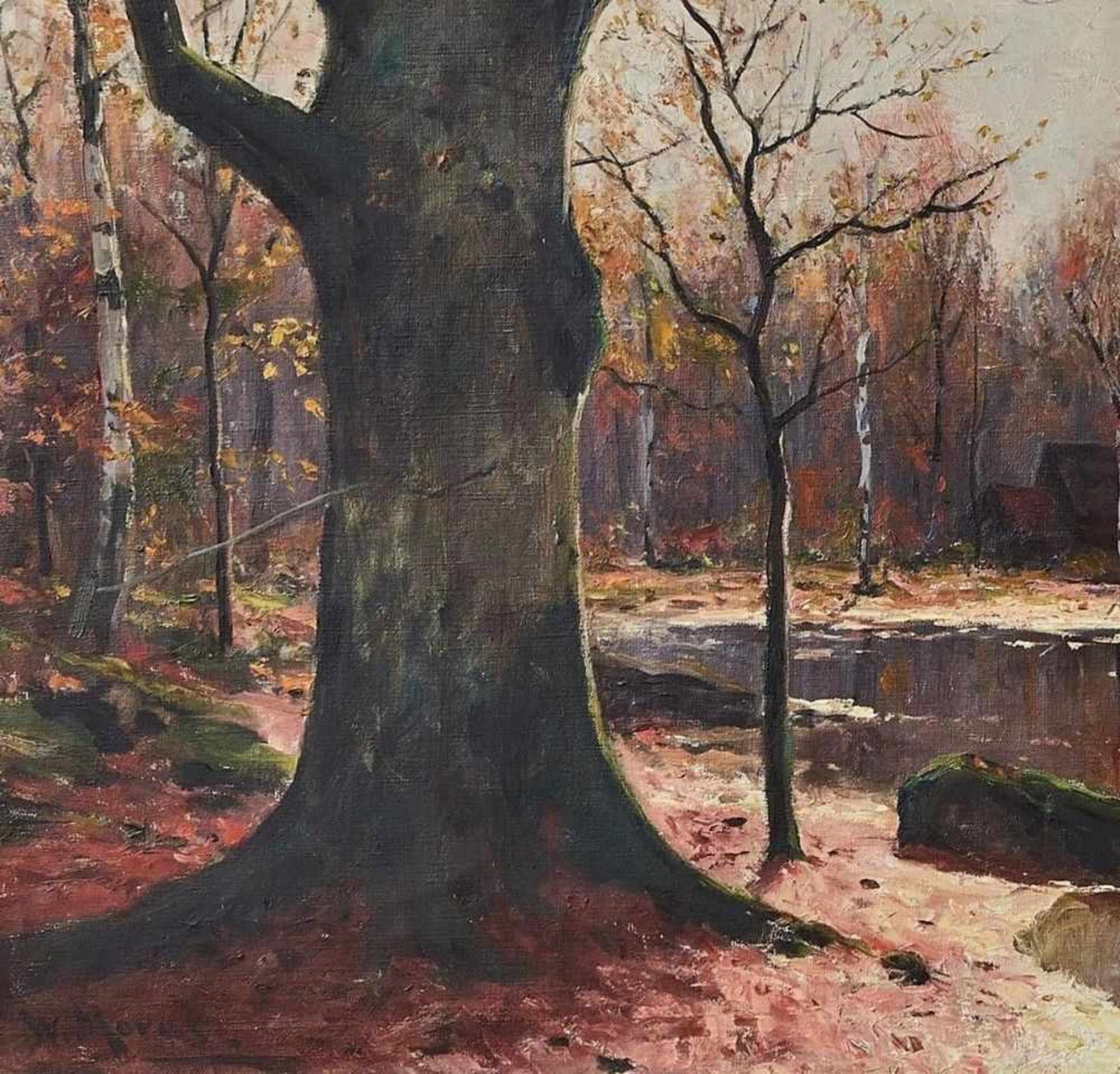 Herbst im SpreewaldWalter Moras, (1856-1925)Links unten signiert "W. Moras", Öl auf Leinwand. 80 x - Bild 2 aus 3