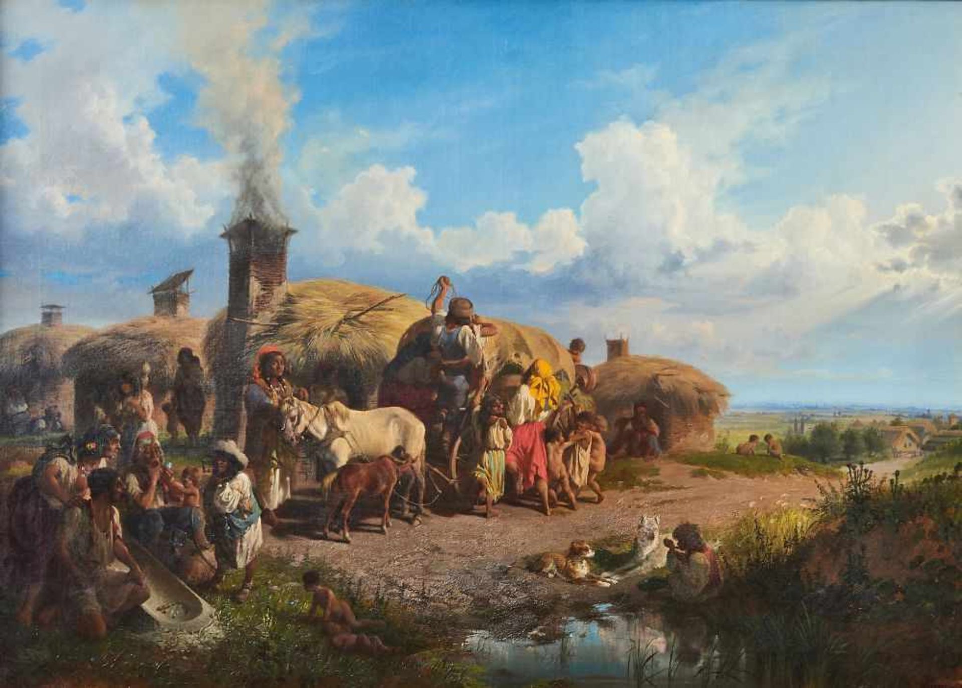 Auf dem LandeFriedrich Sturm, (1822-1898)Rechts unten signiert, Öl auf Leinwand, gerahmt. 75 x 105