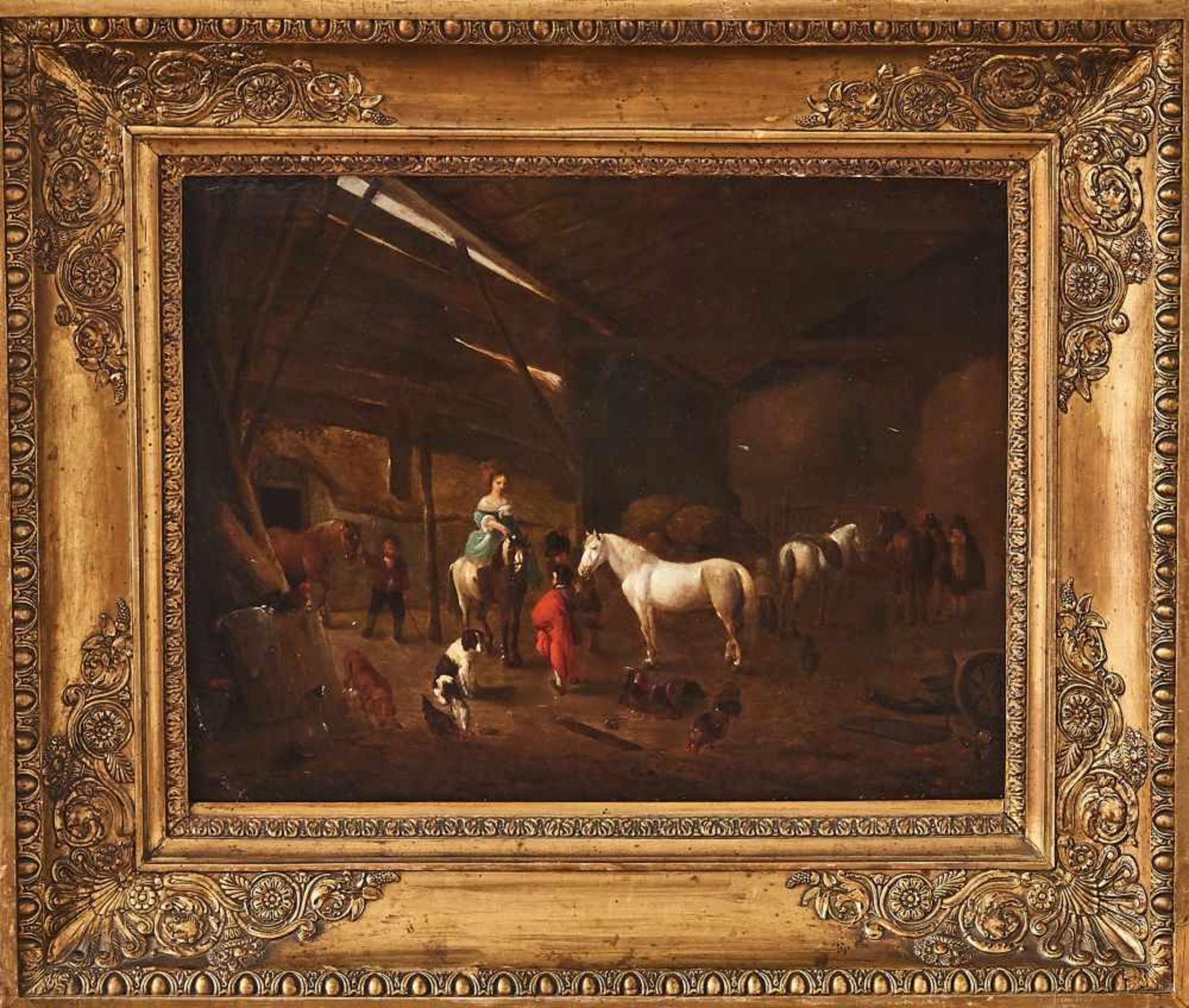Im Stall mit Kindern und HundJacobus Koolen, (-1666)Links unten signiert "J.Colen", Öl auf Holz, - Bild 2 aus 2