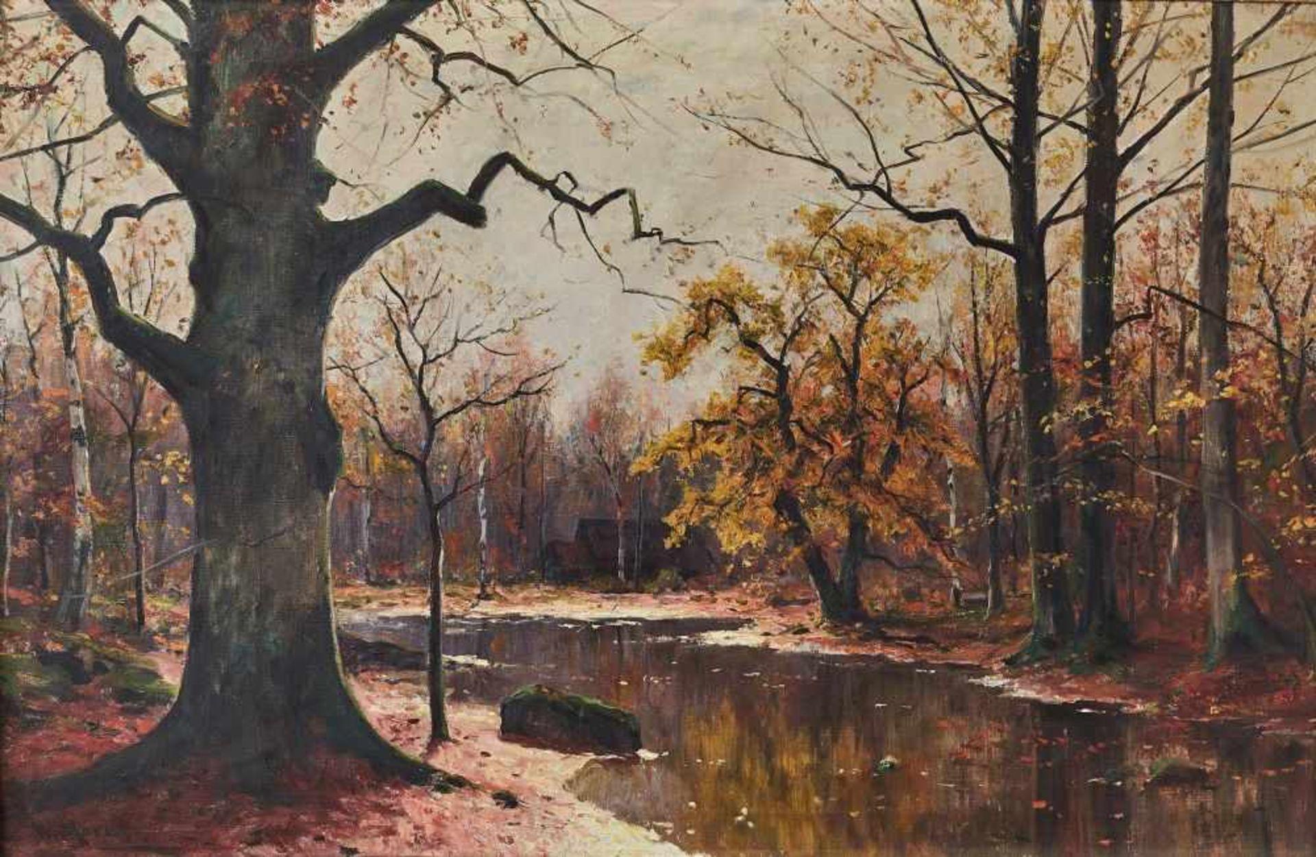 Herbst im SpreewaldWalter Moras, (1856-1925)Links unten signiert "W. Moras", Öl auf Leinwand. 80 x