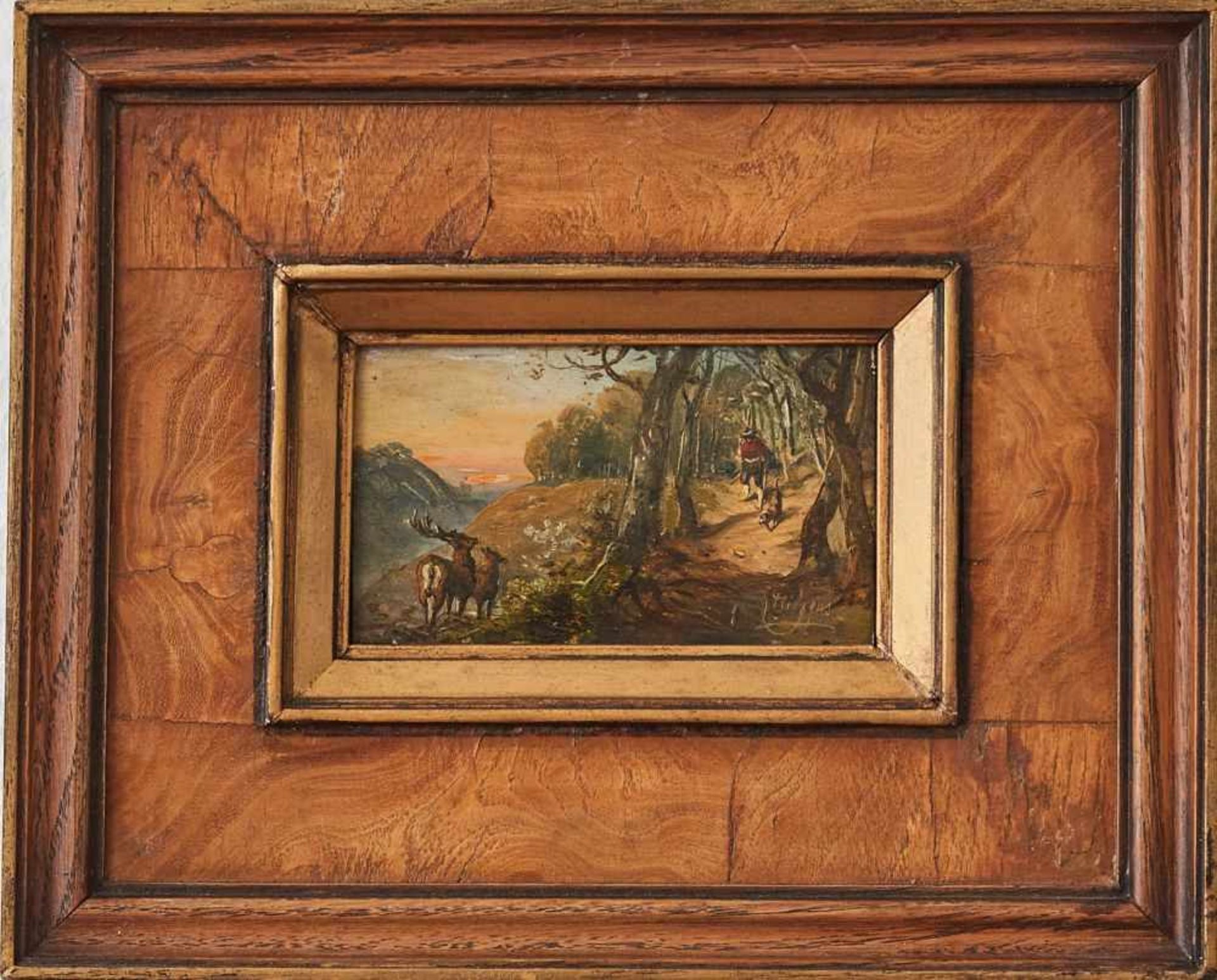 Jäger mit HundCarl Hilgers, (1818 - 1890)Rechts unten signiert, Öl auf Holz, gerahmt. 6,3 x 10,5 cm - Bild 2 aus 2
