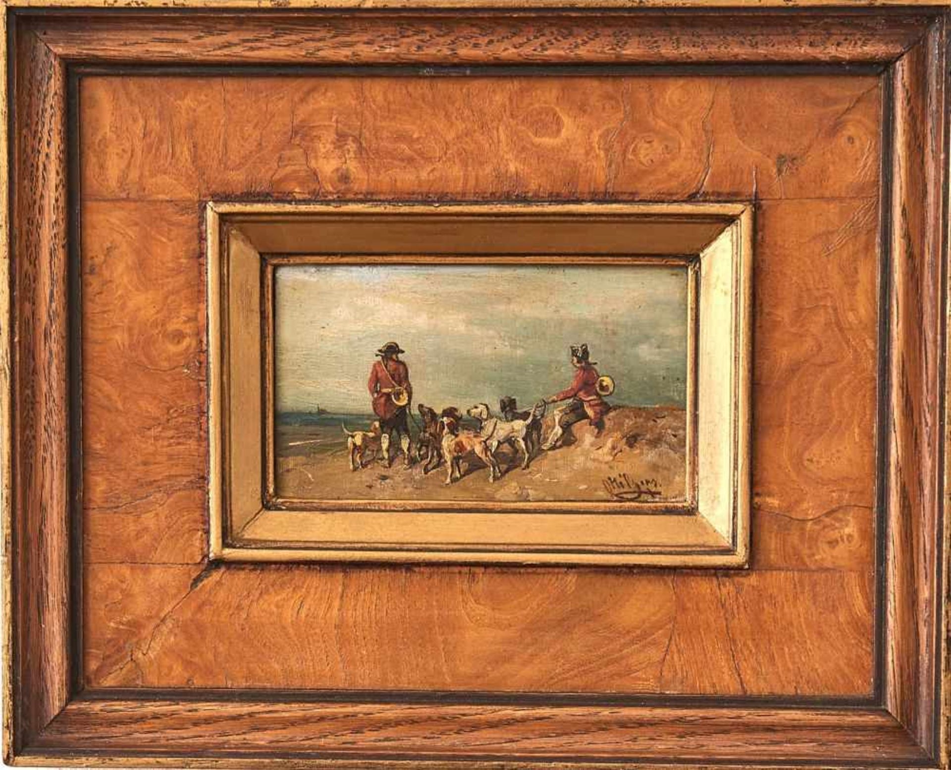 Hunde am StrandCarl Hilgers, (1818 - 1890)Rechts unten signiert, Öl auf Holz gerahmt. 6,5 x 11 cm - Bild 2 aus 2