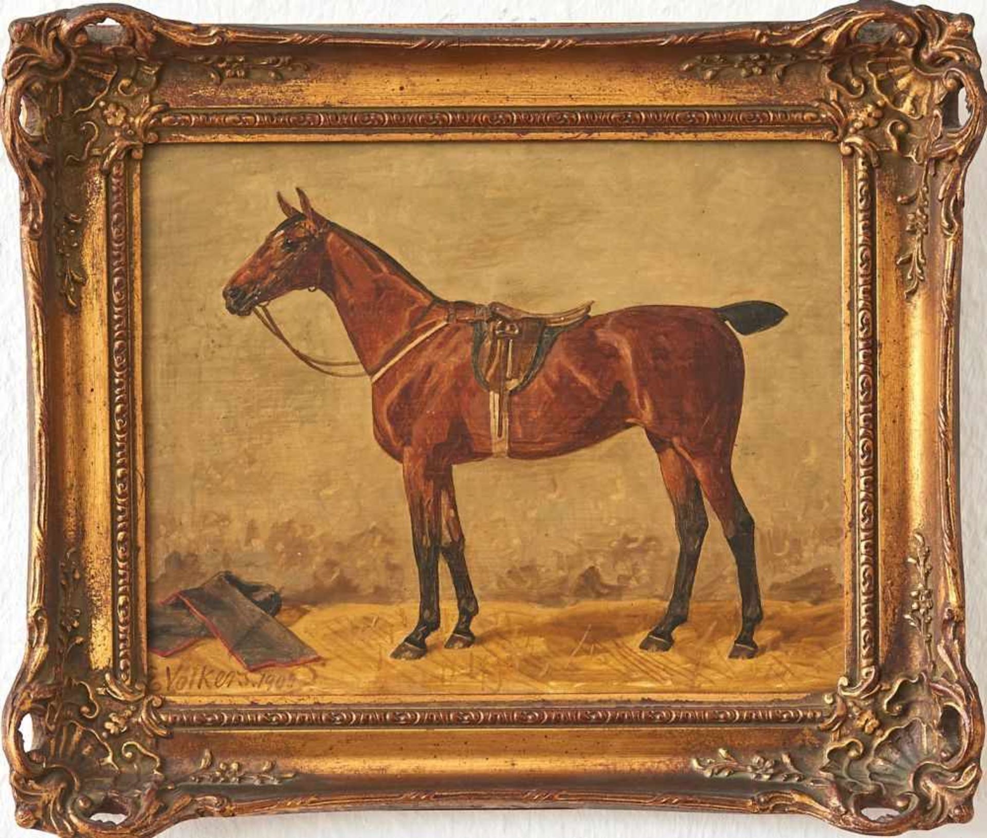 Gesatteltes Pferd im StallEmil Volkers, (1831-1905)Links unten signiert "E. Volkers" und datiert, Öl - Bild 3 aus 3