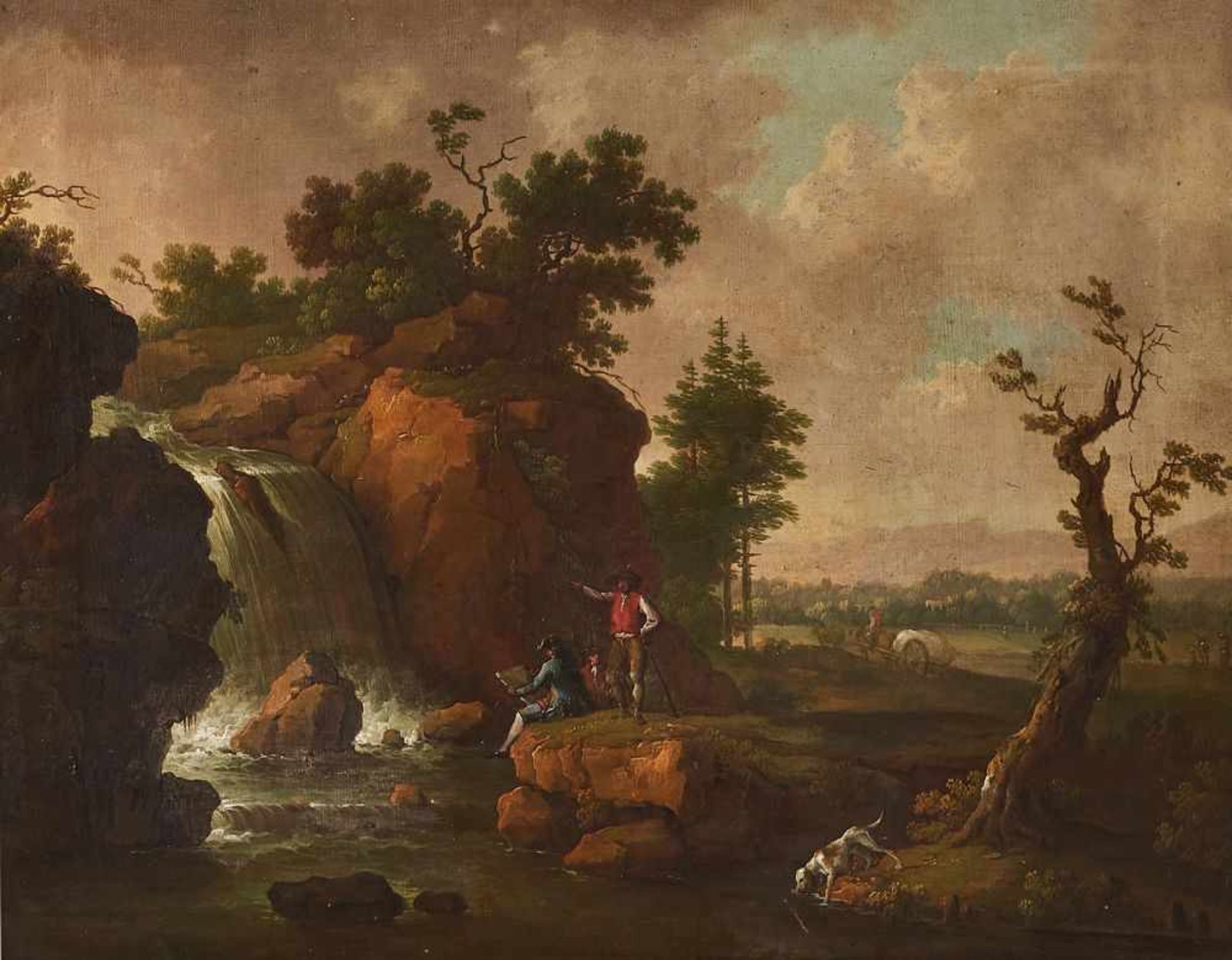 Ideallandschaft mit Wasserfall 18. Jhdt.Öl auf Leinwand, gerahmt. 53 x 64,5 cm