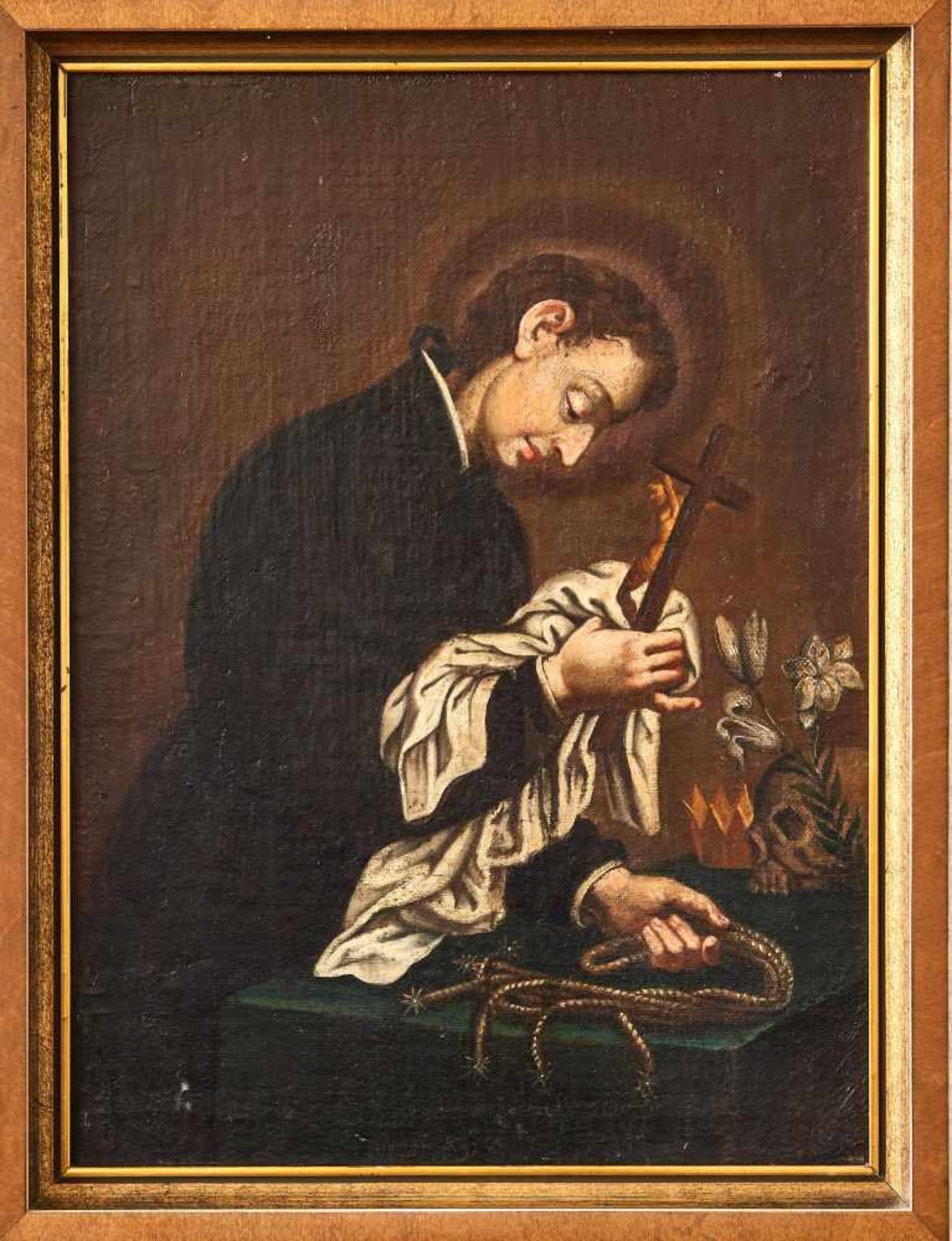 Heiliger Aloisius von Gonzaga 18. Jhdt.Öl auf Leinwand auf Platte aufgezogen, gerahmt. 38 x 28 cm - Bild 2 aus 2