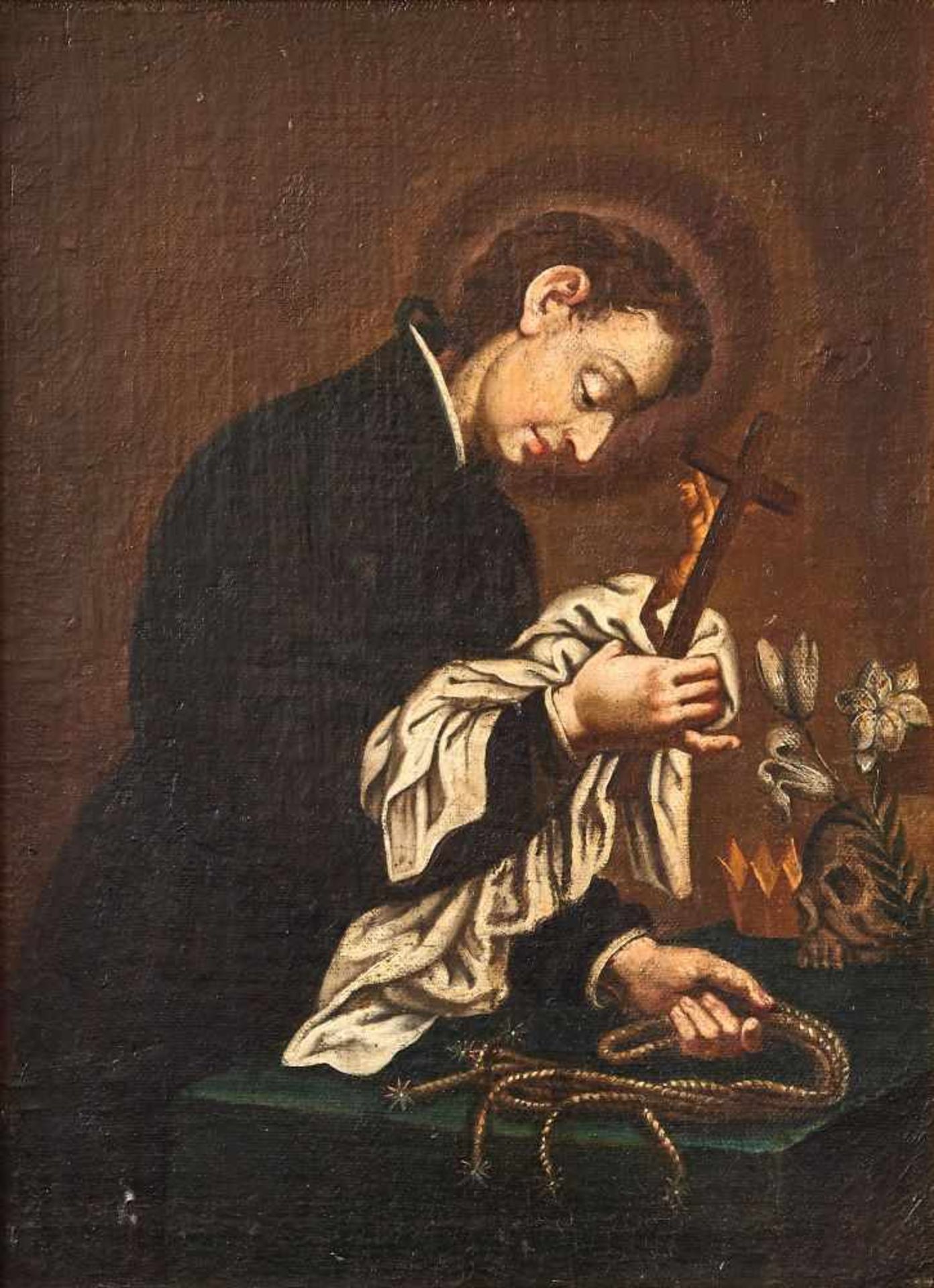 Heiliger Aloisius von Gonzaga 18. Jhdt.Öl auf Leinwand auf Platte aufgezogen, gerahmt. 38 x 28 cm