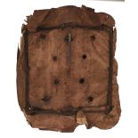 AN EARLY 16TH CENTURY ITALIAN DUELLING OR FENCING SHIELD, 32cms X 40.5cms ridged wooden body wrapped