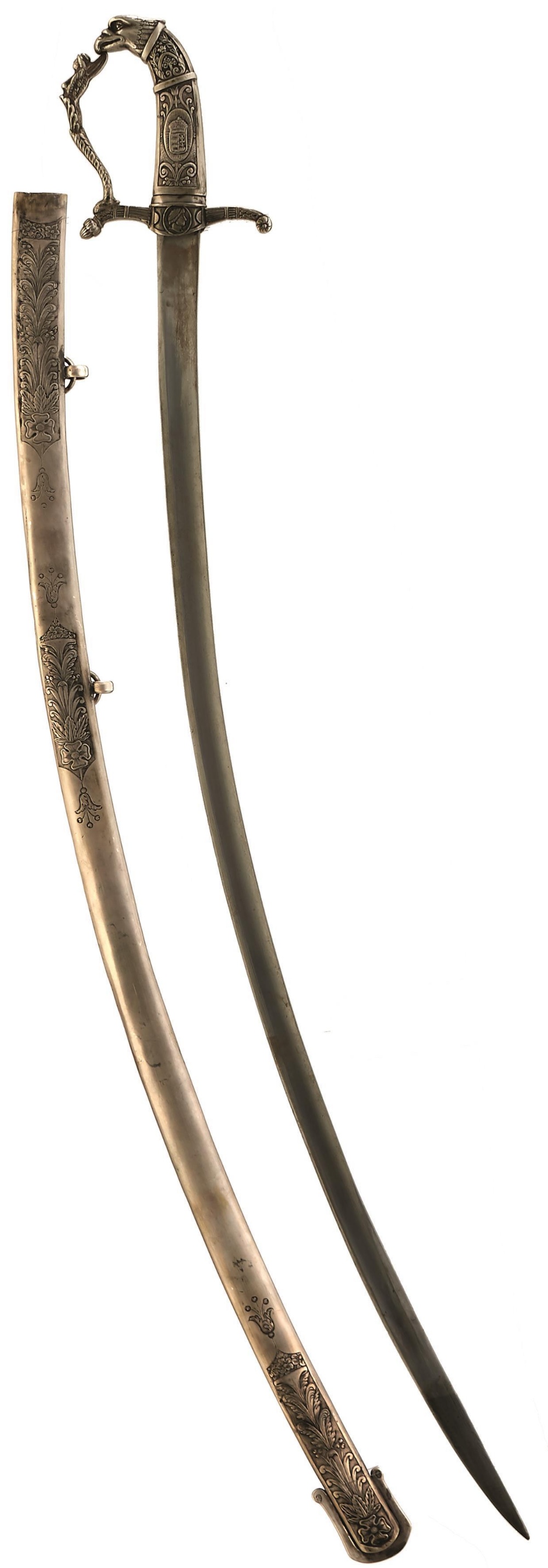 AN HUNGARIAN OFFICER'S SABRE, 84.5cm curved slender blade with traces of etched damascus swirl,