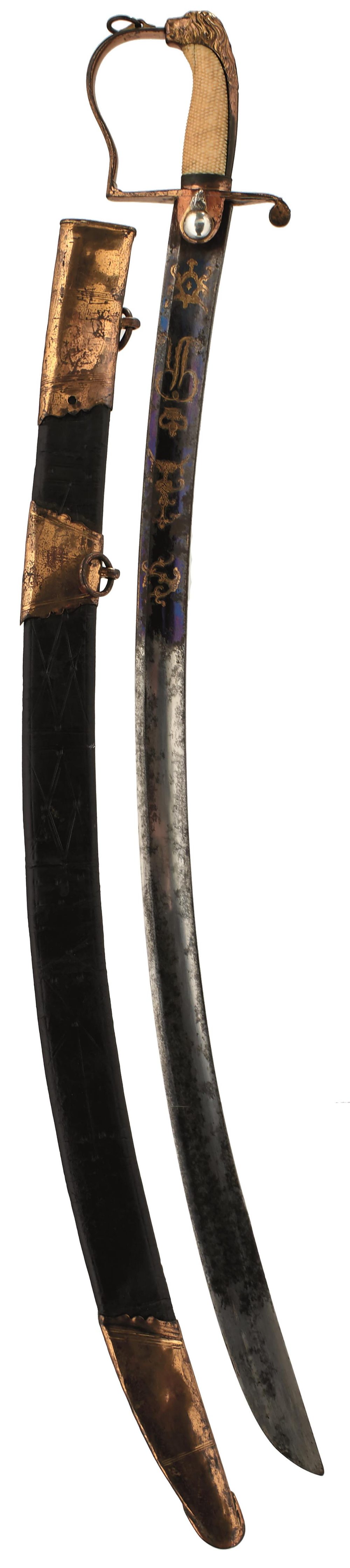 A GEORGIAN GRENADIER GUARDS OFFICER'S SWORD, 82.5cm sharply curved blade by Runkel, decorated with