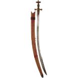 A 19TH CENTURY TULWAR, 77.5cm sharply curved single fullered blade with clipped back point and