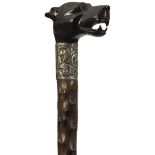 A LATE 19TH CENTURY WALKING CANE, the highly polished wood handle carved as the head of a dog, above