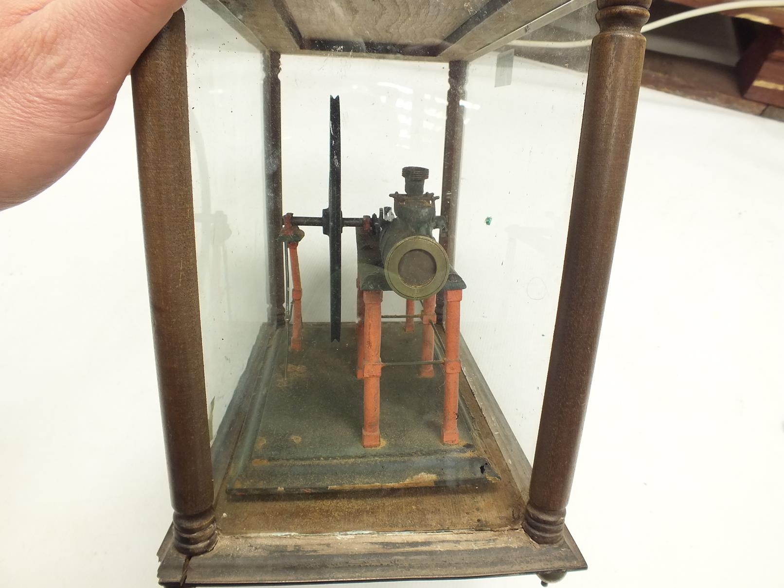 A PAINTED LIVE STEAM MODEL OF A HORIZONTAL MILL ENGINE, mounted on a wooden plinth and contained - Image 7 of 8