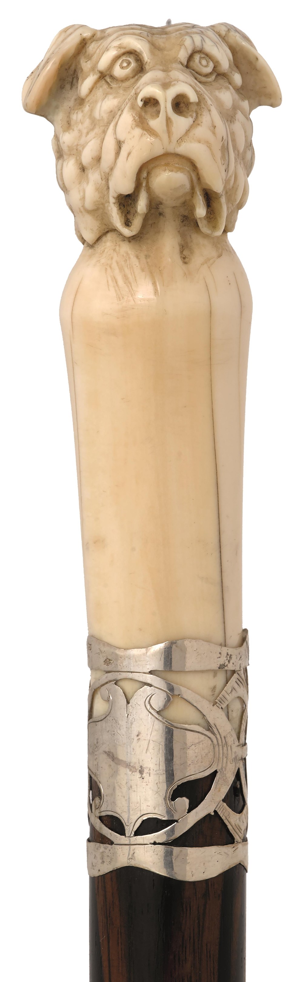 A LATE 19TH CENTURY WALKING CANE, the ivory pommel carved as a double headed dog, white metal - Image 2 of 3