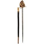 A VERY FINE AND RARE SCOTTISH GILT BASKET HILTED BACKSWORD, 77.5cm fullered blade incised ANDRIA