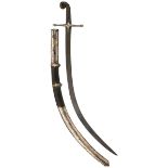 AN EARLY 19TH CENTURY SILVER MOUNTED OTTOMAN SHAMSHIR, 78cm sharply curved damascus blade,