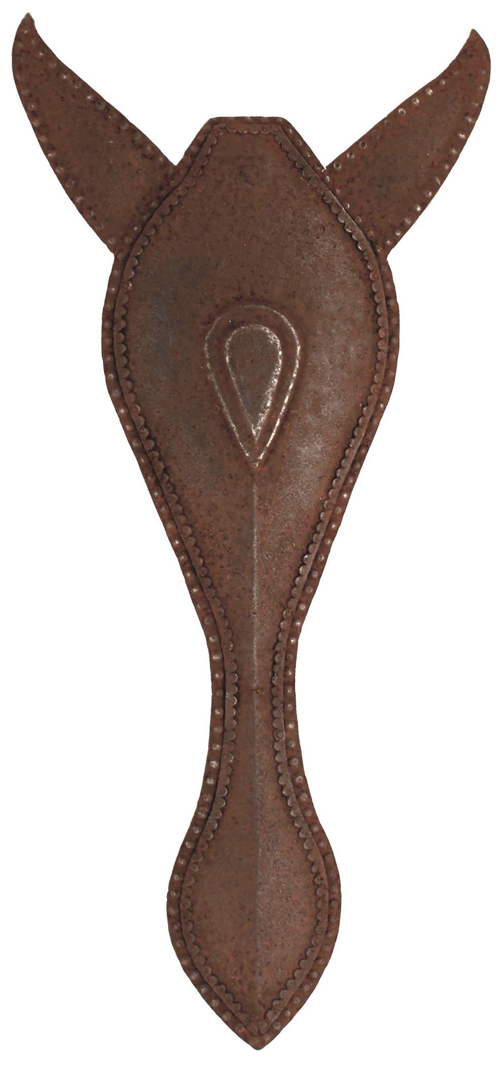 A MODERN INDIAN CHAMFRON, the shaped russet coloured body with raised medial ridge and geometric