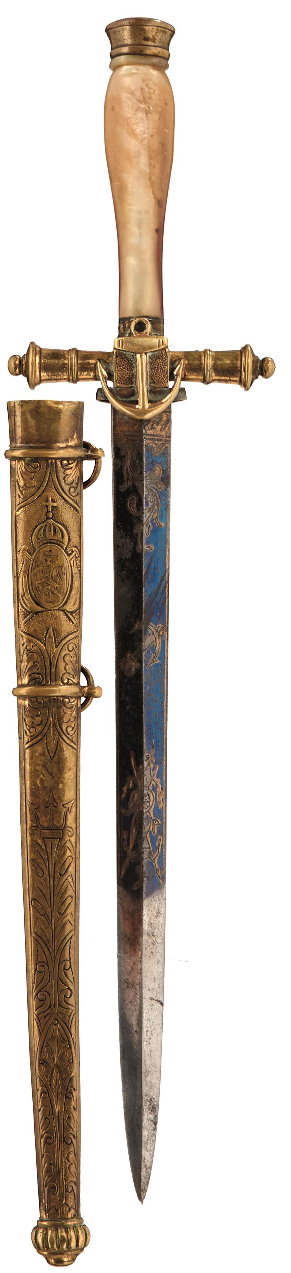 A 19TH CENTURY NORWEGIAN NAVAL OFFICER'S DIRK, 21cm flattened diamond section blade decorated with