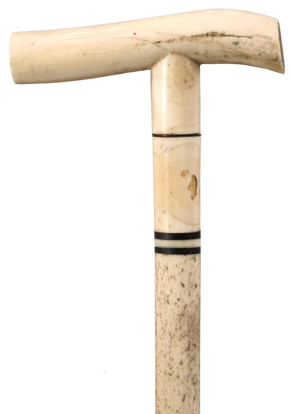 AN EARLY 20TH CENTURY MARINE IVORY WALKING CANE, the handle of plain form, above narrow ebonised