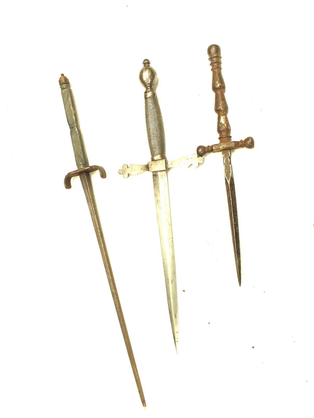 A 17TH CENTURY ITALIAN STILETTO, 14cm triangular section blade, characteristic iron hilt, together