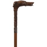 AN EARLY 20TH CENTURY WALKING CANE, the rosewood handle carved as the head of a greyhound, spiral